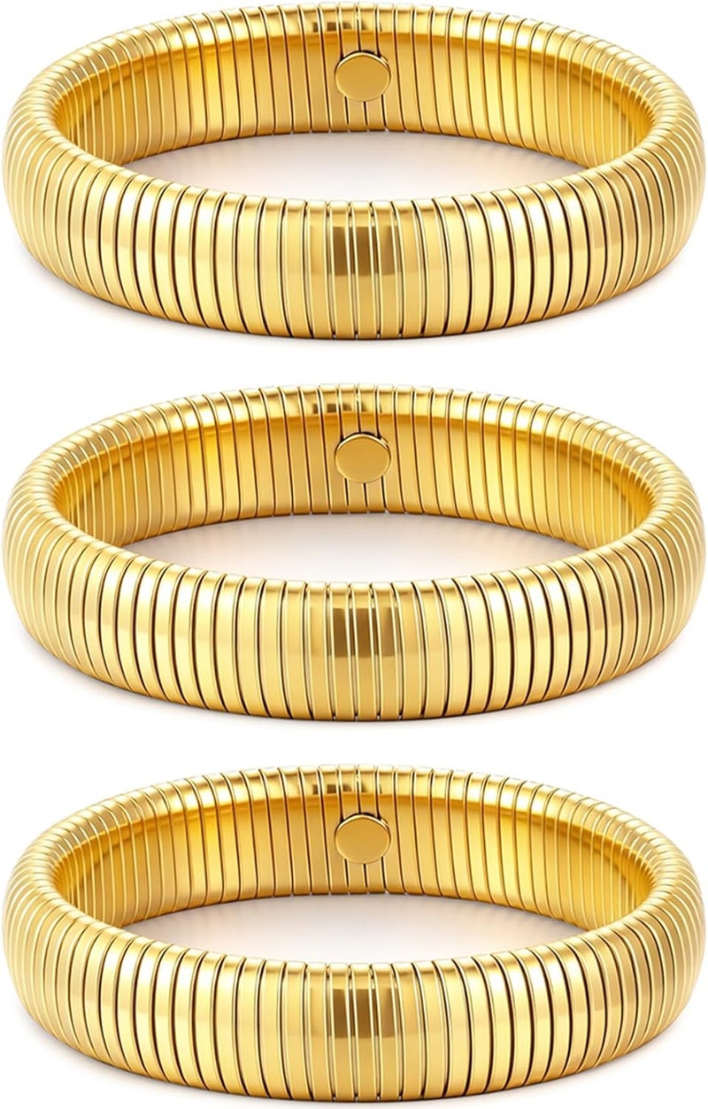 JUNYANGY Gold Bangles for Women Set of 3 Chunky Stretch Bangles Bracelets 24K Gold Plated Stainless Steel Bracelets Flexible Wide Stack Bracelets Designer Look Alike Jewelry for Women - Image 1